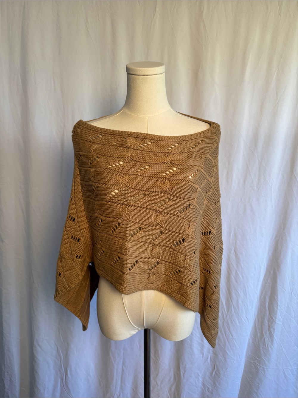 LOFT Brown Openwork Off-the-Shoulder Knit Poncho